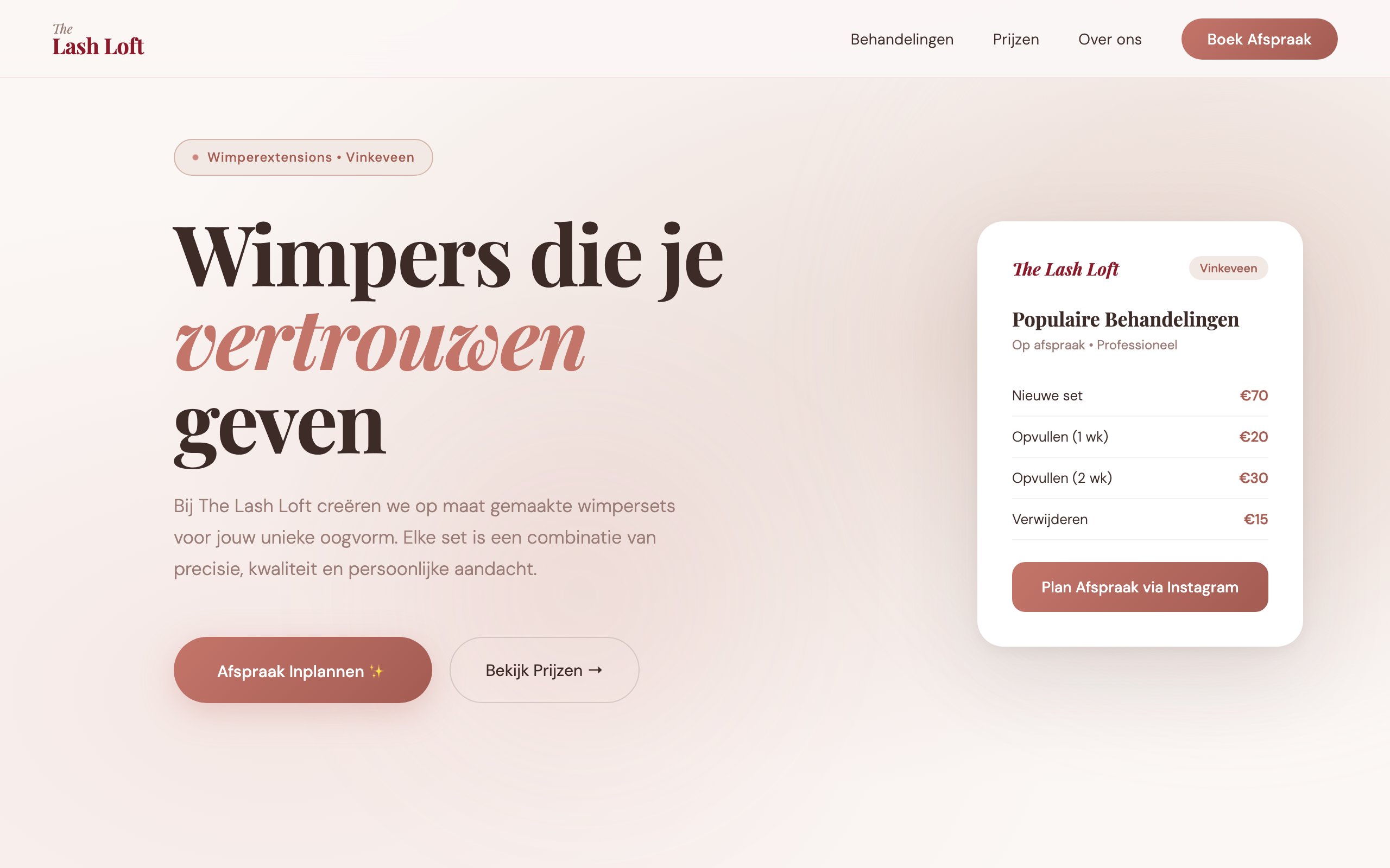 Screenshot van The Lash Loft website